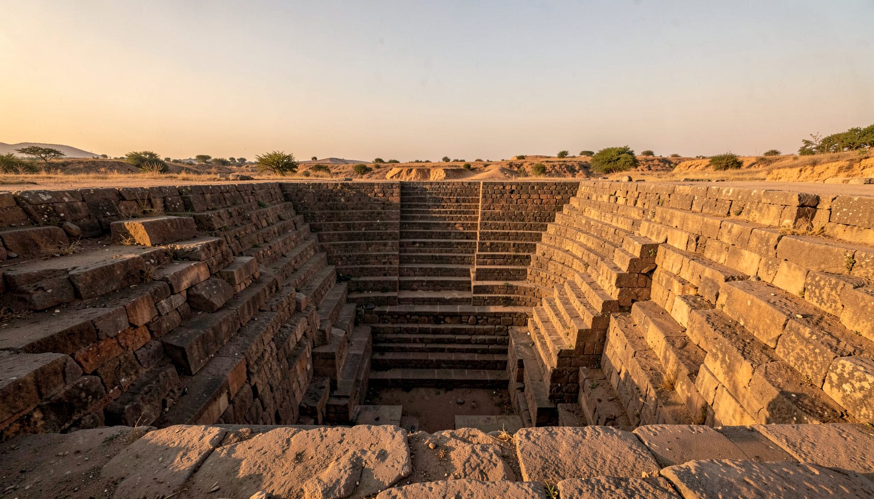 A wide-angle view of an ancient stone stepwell in warm golden light, with symmetrical staircases descending in geometric patterns into shadow, set against a muted earth-tone landscape under a soft sky.